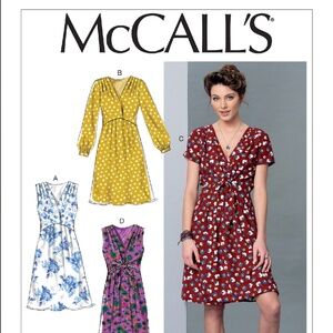 M7381 McCall's Sewing Pattern Misses' Surplice, Pleated Dresse SIZE XS-MED